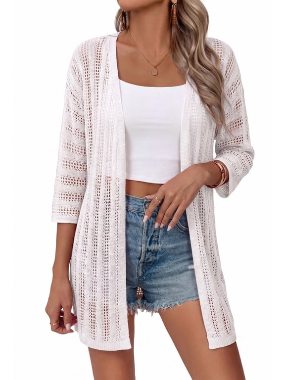 Womens Crochet Cardigan Sweaters for Summer Spring Fall, Lightweight Short Sleeve Oversized Open Front Kimono Boho Knit Beach Cover Up with Swimsuit, Bikini, Bathing suit