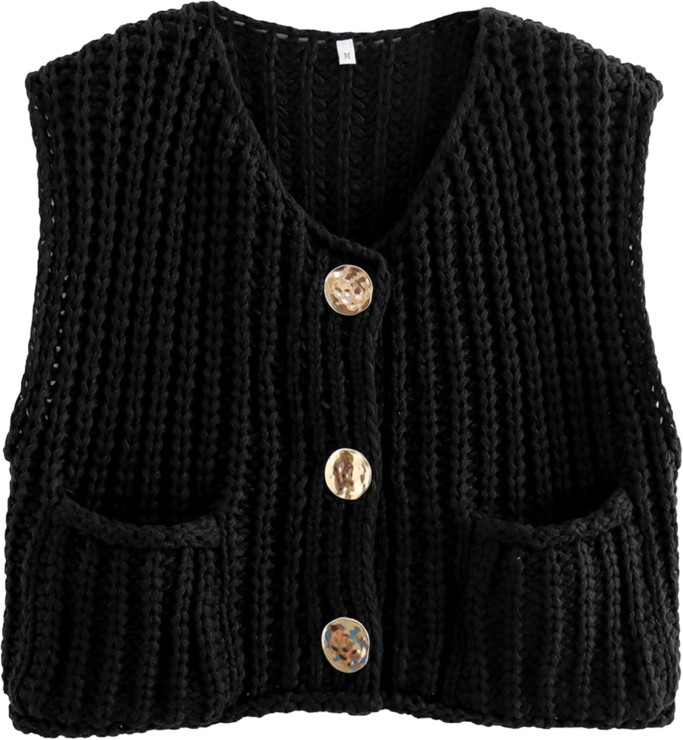 Women's Crochet Chunky Knit Vest - Sleeveless Button Down Sweater Vest With Pockets