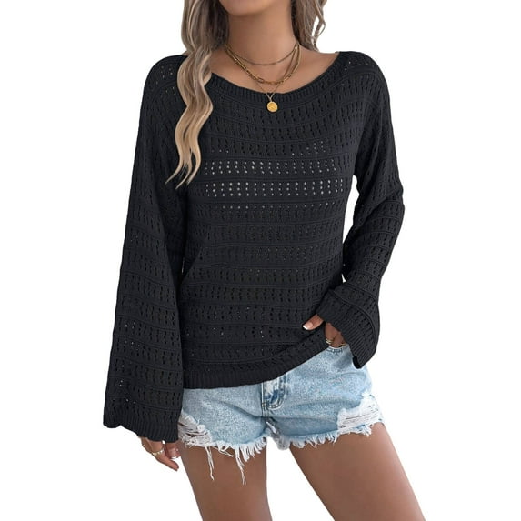 Womens Crochet Cover Up Long Sleeve Loose Fit Casual Sweater Hollow Out Knit Tops