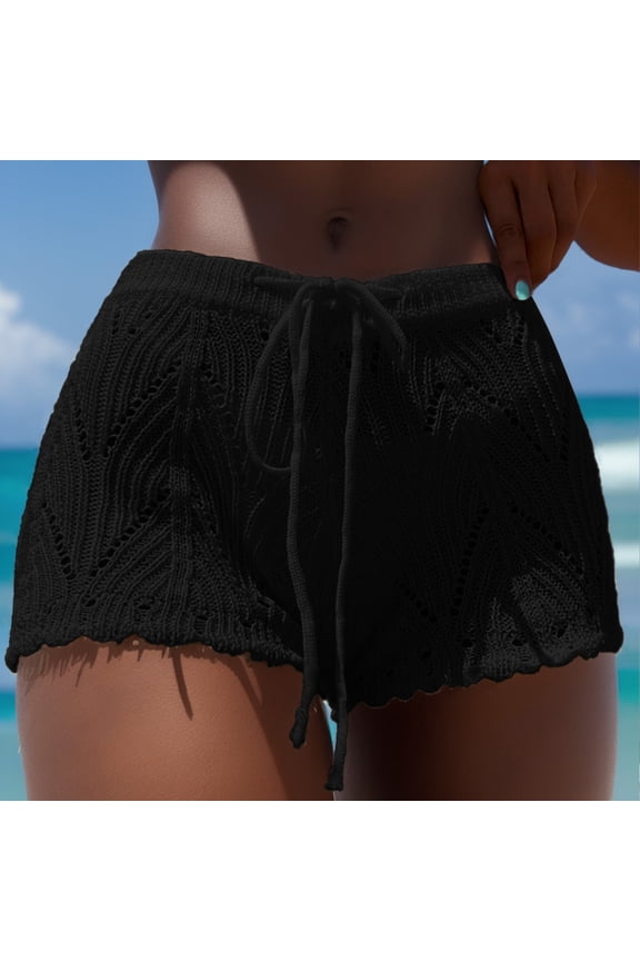 Womens Crochet Cover Up Shorts Hollow Pattern Out High Waist Knit Drawstring Bathing Suit Solid Color Bikini Swimsuit
