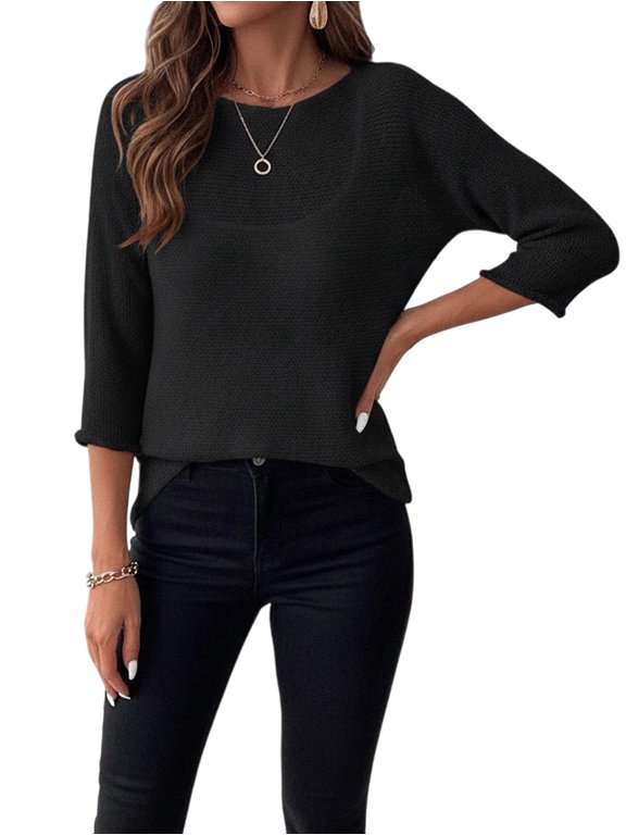 Womens Crochet Cover Ups 3/4 Sleeve Sweater Tops Light-Weight Summer Boho Knit Sheer Top Black L