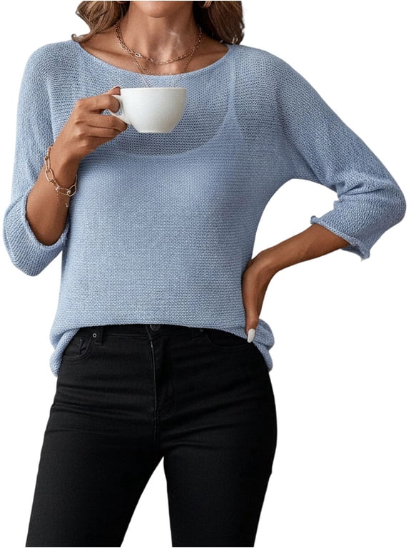 Womens Crochet Cover Ups 3/4 Sleeve Sweater Tops Light-Weight Summer Boho Knit Sheer Top Light Blue S
