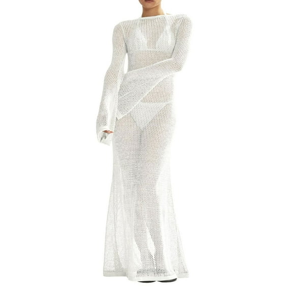 Womens Crochet Cover Ups Long Sleeve Sexy Mesh Backless Knit Swimsuit Coverup Beach Maxi Dress