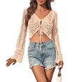 thumbnail image 1 of Womens Crochet Crop Tops Tie Front Bell Long Sleeve Cardigan V Neck Knit Shrug Sweaters Apricot L, 1 of 8