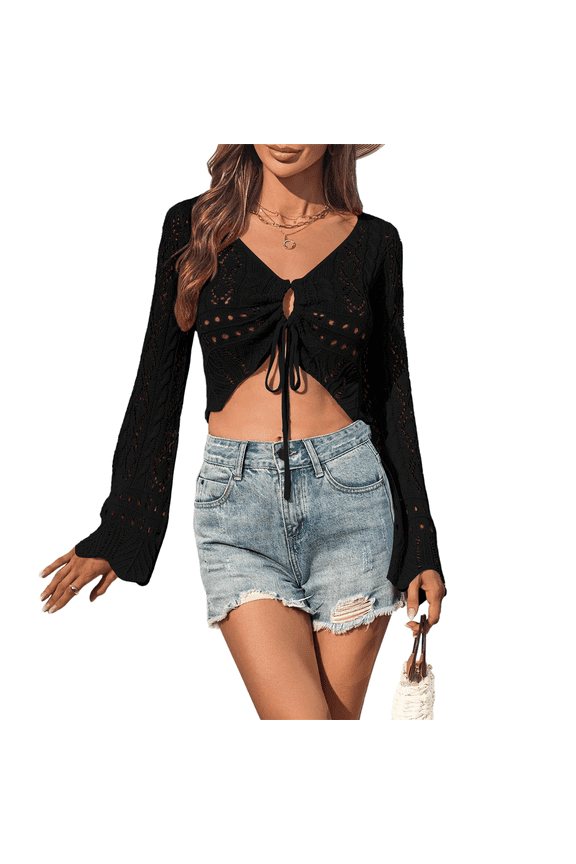 Womens Crochet Crop Tops Tie Front Bell Long Sleeve Cardigan V Neck Knit Shrug Sweaters Black L