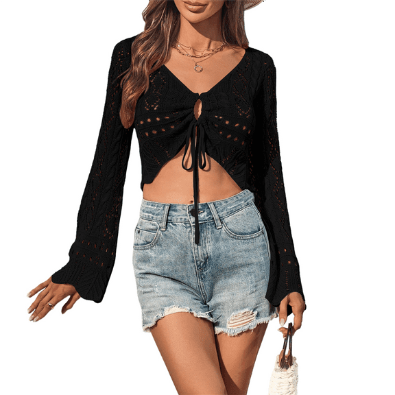 Womens Crochet Crop Tops Tie Front Bell Long Sleeve Cardigan V Neck Knit Shrug Sweaters Black XL