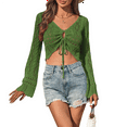 thumbnail image 1 of Womens Crochet Crop Tops Tie Front Bell Long Sleeve Cardigan V Neck Knit Shrug Sweaters Green M, 1 of 8