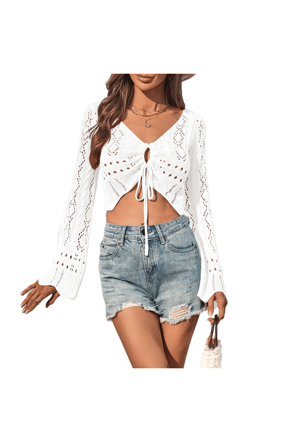 Womens Crochet Crop Tops Tie Front Bell Long Sleeve Cardigan V Neck Knit Shrug Sweaters White XL