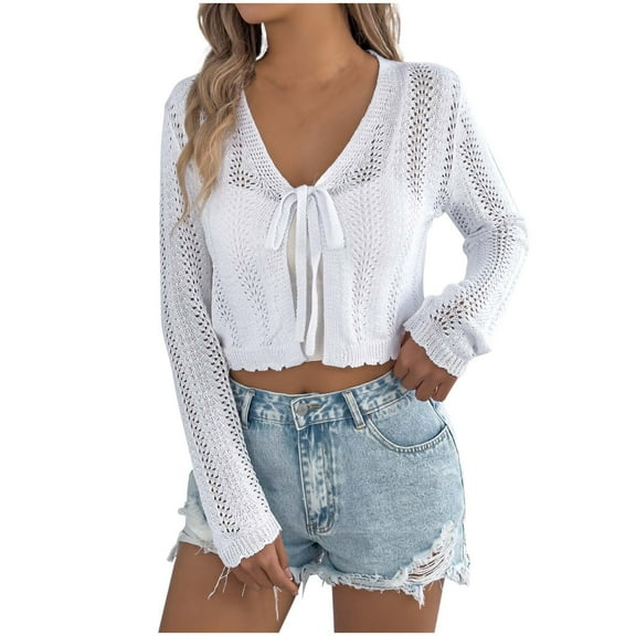 Womens Crochet Cropped Tops Fashion Hollow Breathable Long Sleeves Loose Comfy Beach Cover up Knit Blouse Cardigan White Medium