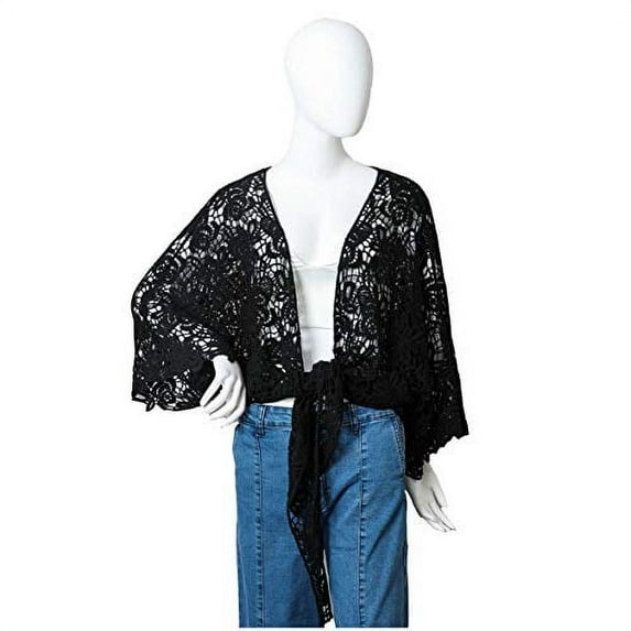 Womens Crochet Floral Petal Kimono Wrap (Black)