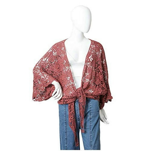 Womens Crochet Floral Petal Kimono Wrap (Rust)