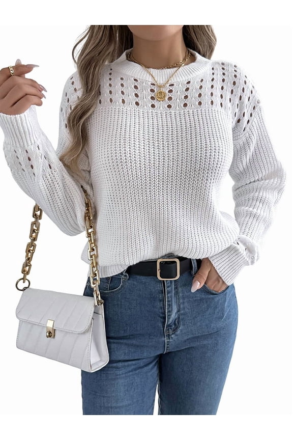 Womens Crochet Hollow Out Sweater Top Long Sleeve Crew Neck Knit Pullover Fall Casual Winter Shirt White S