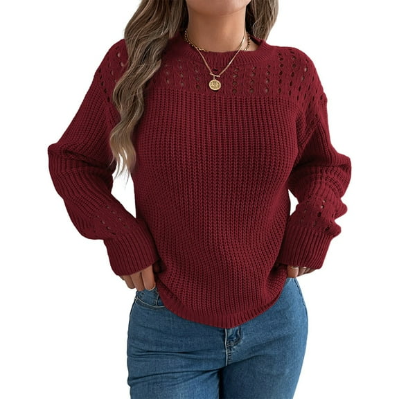 Womens Crochet Hollow Out Sweater Top Long Sleeve Crew Neck Knit Pullover Fall Casual Winter Shirt Wine Red M
