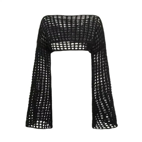 Womens Crochet Knit Crop Top Pullover Sweater Long Sleeve Hollow-Out Scoop-Neck Y2k Shirt Blouse Summer Streetwear