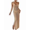 thumbnail image 1 of Womens Crochet Knit Sheer Summer Backless V Neck Side Slit Bathing Suit Cover Up Midi Dress Camel One Size, 1 of 6