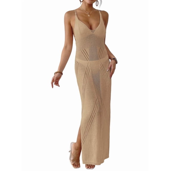 Womens Crochet Knit Sheer Summer Backless V Neck Side Slit Bathing Suit Cover Up Midi Dress Camel One Size