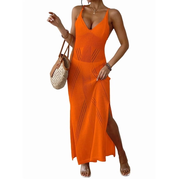 Womens Crochet Knit Sheer Summer Backless V Neck Side Slit Bathing Suit Cover Up Midi Dress Orange One Size