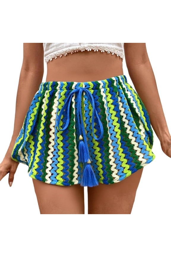 Womens Crochet Knit Striped Shorts Drawstring High Waisted Hollow Out Boho Summer Beach Shorts Green L