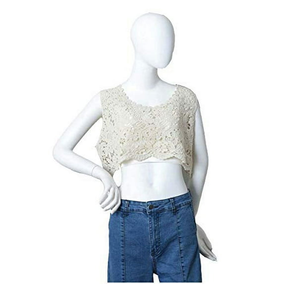 Womens Crochet Lace Sleeveless Scallop Trim Crop Kimono Cardigan (Natural)