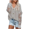 thumbnail image 1 of Womens Crochet Lace V Neck Long Sleeve Knit Sweaters Lightweight Hollow Out Cable Knit Cardigan Sweaters Tops, 1 of 5