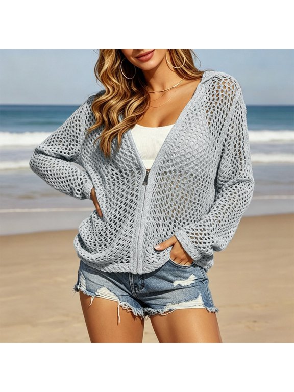 Womens Crochet Lightweight Cardigans Zip Up Hooded Long Sleeve Knit Sweaters Mesh Beach Swim Cover Up Fishnet Sweaters 2026 Fashion Outfits(Grey,XXL)