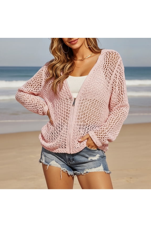 Womens Crochet Lightweight Cardigans Zip Up Hooded Long Sleeve Knit Sweaters Mesh Beach Swim Cover Up Fishnet Sweaters 2026 Fashion Outfits(Pink,M)