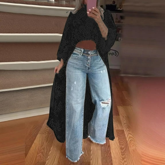 Womens Crochet Long Cardigan Long Sleeve Duster Hollow Out Sweater Knit Dress Cover Up Vacation Outfits Black S