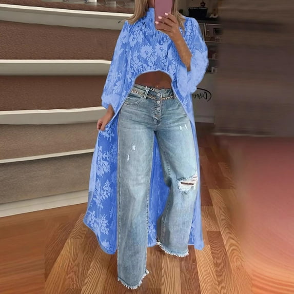 Womens Crochet Long Cardigan Long Sleeve Duster Hollow Out Sweater Knit Dress Cover Up Vacation Outfits Blue XL