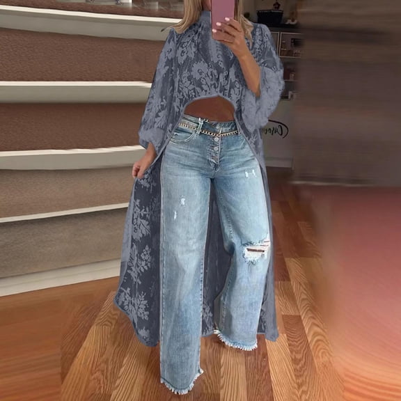 Womens Crochet Long Cardigan Long Sleeve Duster Hollow Out Sweater Knit Dress Cover Up Vacation Outfits Gray XL