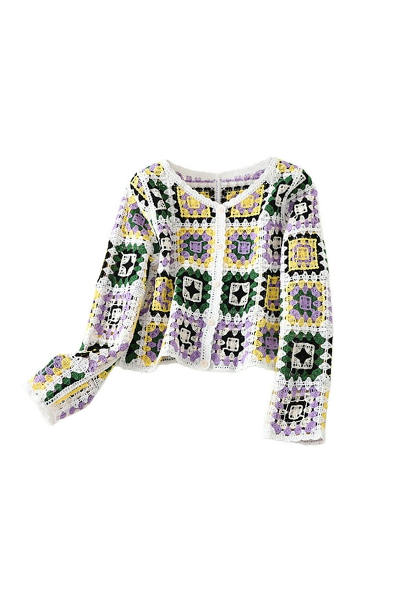 Womens Crochet Loose Long Sleeve Cropped Cardigan V-Neck Ethnic Colorful Geometric Knitted for Jacket Coat Blouse