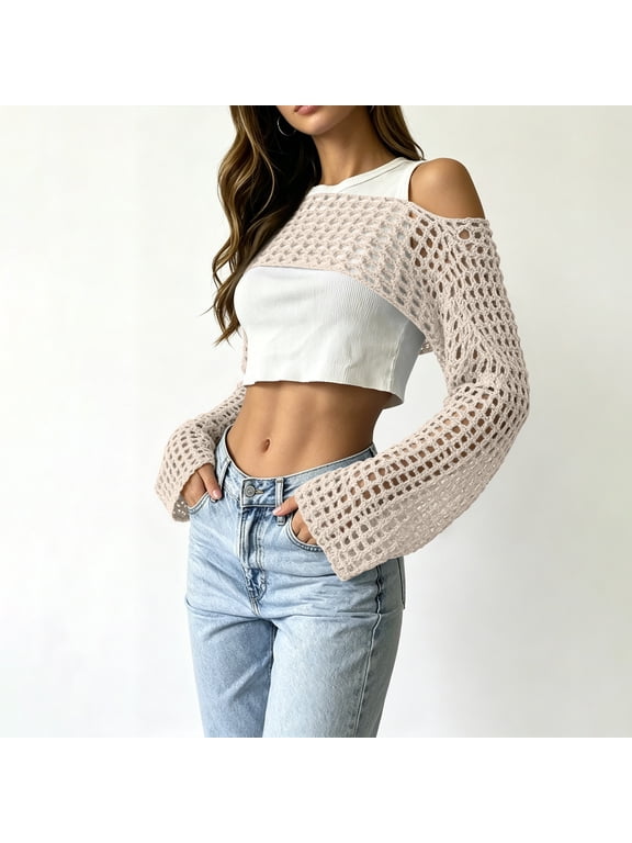 Womens Crochet Shrug Y2K Hollow Out Bolero Shrug See Through Cropped Knit Sweater Top