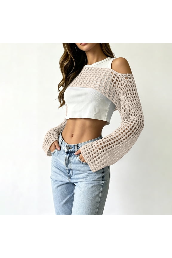 Womens Crochet Shrug Y2K Hollow Out Bolero Shrug See Through Cropped Knit Sweater Top