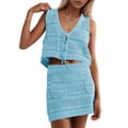 thumbnail image 1 of Womens Crochet Swim Cover Up 2 Piece V Neck Sleeveless Front Tie Crop Tops Beach Mini Skirt Coverup Set, 1 of 7