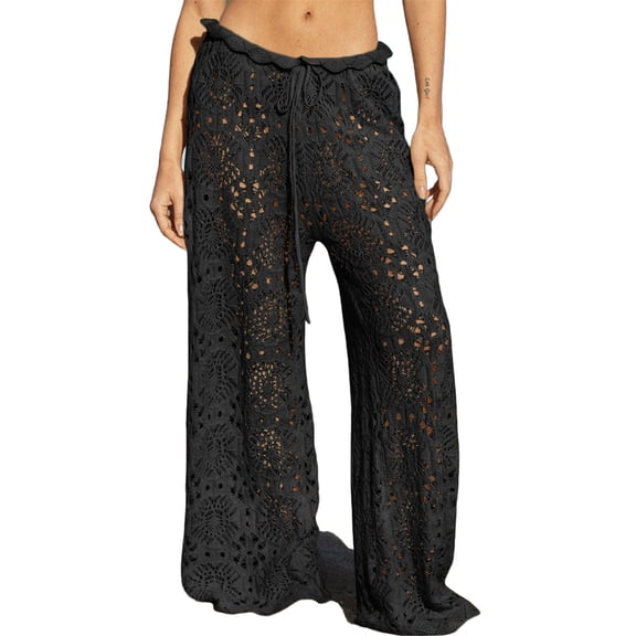Women Crochet Swimsuit Coverup Pants High Waisted Drawstring Sheer Mesh Knit Wide Leg Beach Pants