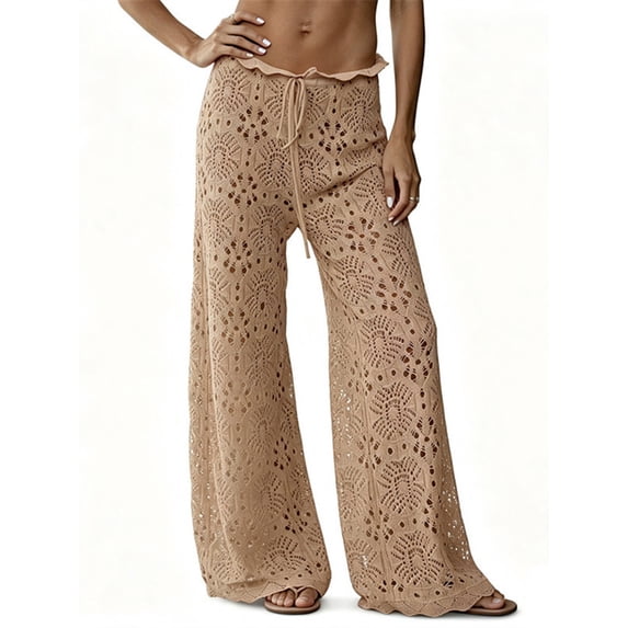 Womens Crochet Swimsuit Coverup Pants High Waisted Drawstring Sexy Sheer Mesh Knit Wide Leg Beach Pants