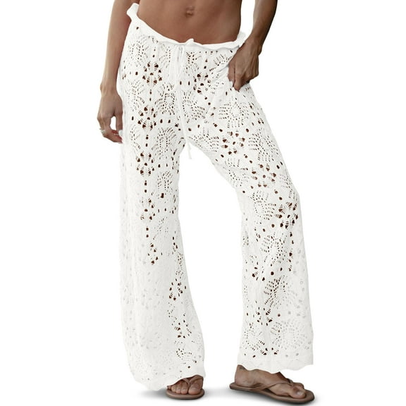 Womens Crochet Swimsuit Coverup Pants High Waisted Drawstring Sexy Sheer Mesh Knit Wide Leg Beach Pants