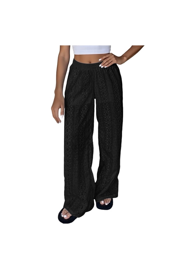 Womens Crochet Swimsuit Coverup Pants High Waisted Drawstring Sexy Sheer Mesh Knit Wide Leg Beach Pants