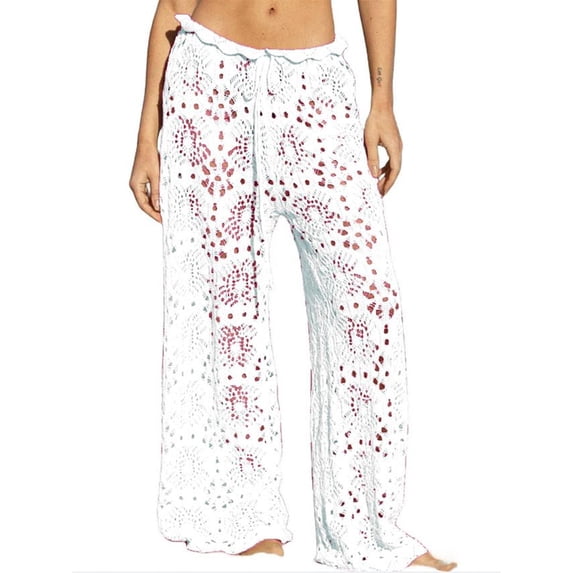 Womens Crochet Swimsuit Coverup Pants High Waisted Drawstring Sexy Sheer Mesh Knit Wide Leg Beach Pants