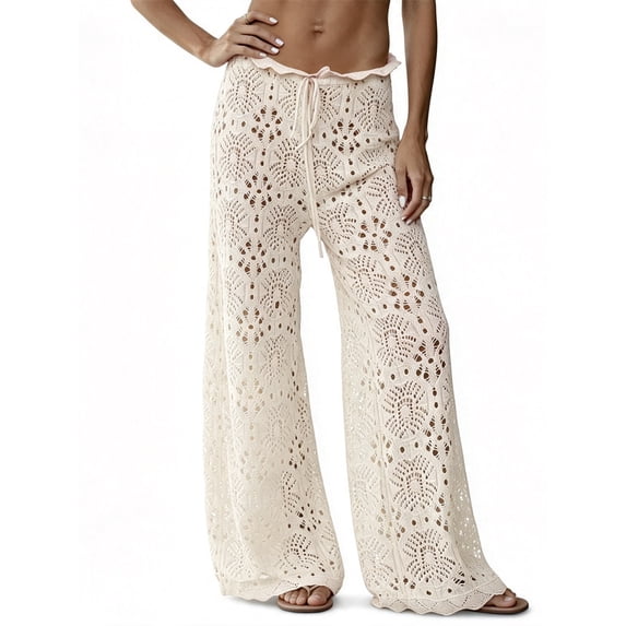 Womens Crochet Swimsuit Coverup Pants High Waisted Drawstring Sexy Sheer Mesh Knit Wide Leg Beach Pants