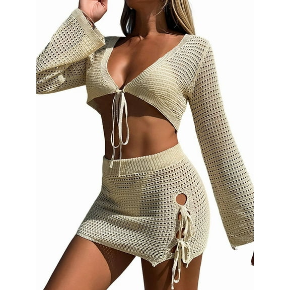 Womens Crochet Swimsuit Coverups 2 Piece Bathing Suit Cover Up Long Sleeve Tie Front Crop Top Mini Skirt Sets  L