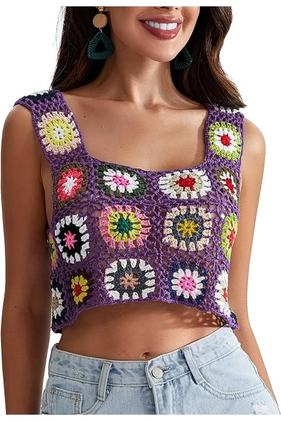 Womens Crochet Tank Top with Tassels Cover Ups Knit Colorful Floral Embroidery Summer Boho Camisole Hollow Out Beachwear
