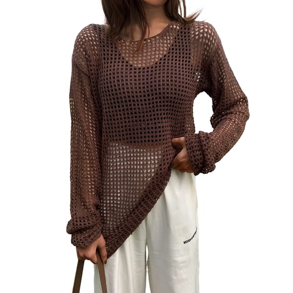 Womens Crochet Top Hollow Out Knit Tops Round Neck Long Sleeve Loose Fit Tops Lightweight Boho Summer Cover Ups