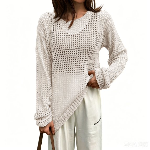 Womens Crochet Top Hollow Out Knit Tops Round Neck Long Sleeve Loose Fit Tops Lightweight Boho Summer Cover Ups