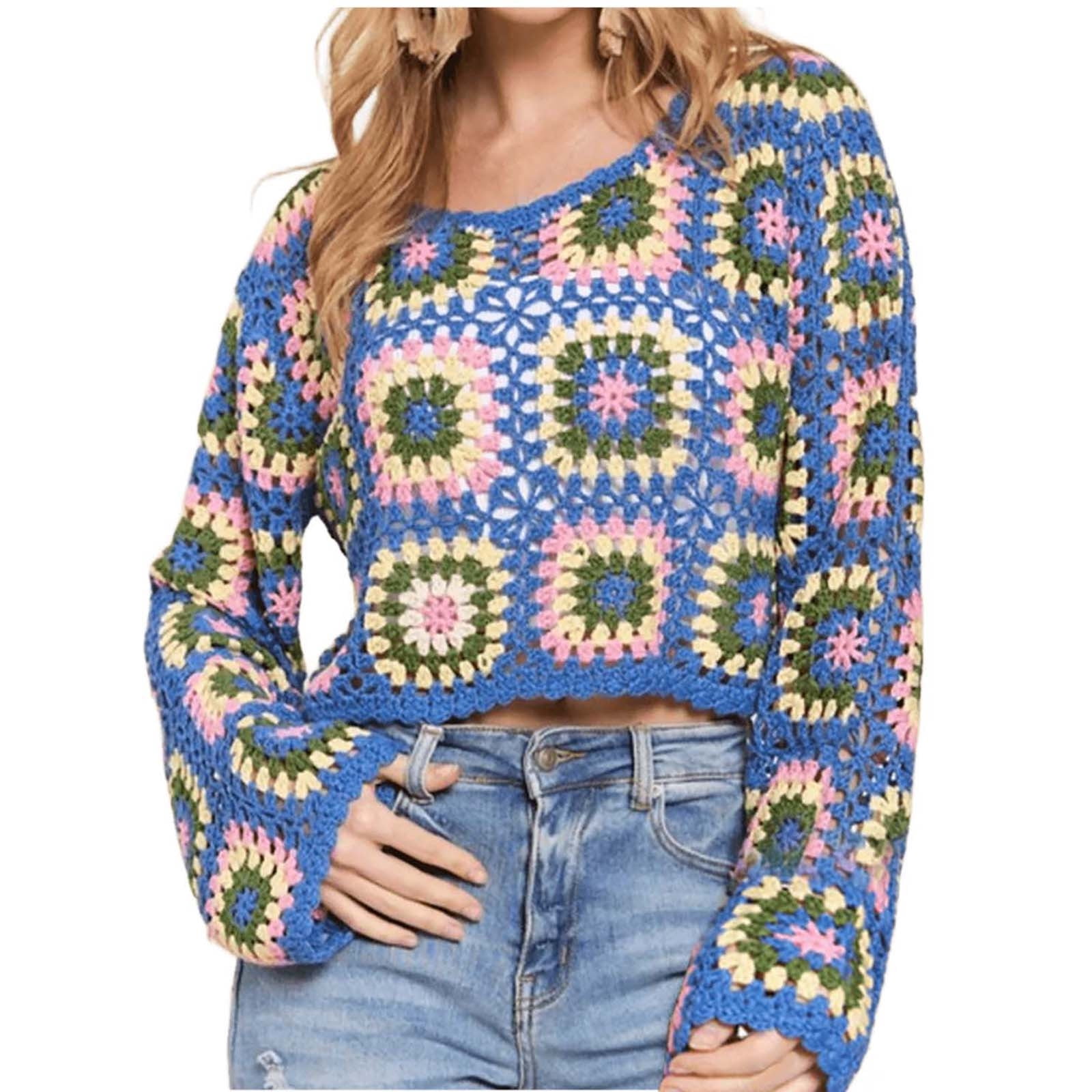 Womens Crochet Tops Flower Square Knitted Pullover Hollow Out Long