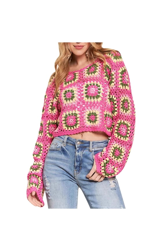 Womens Crochet Tops Flower Square Knitted Pullover Hollow Out Long Sleeve Floral Cropped Tunic Shirt
