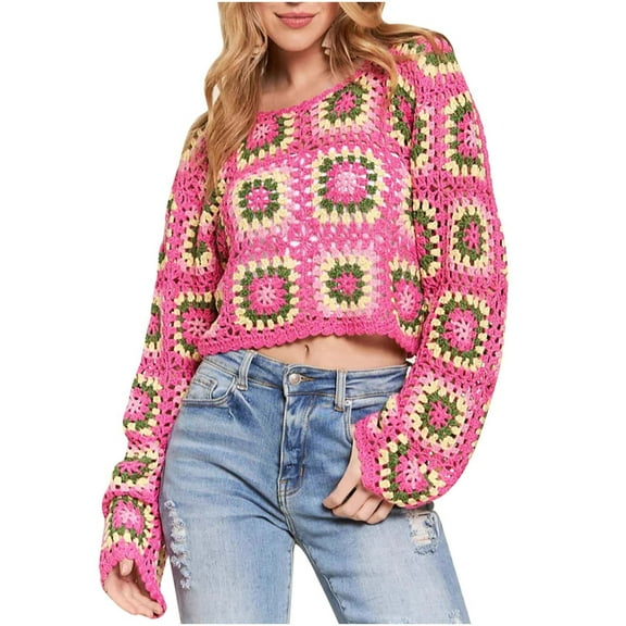 Womens Crochet Tops Flower Square Knitted Pullover Hollow Out Long Sleeve Floral Cropped Tunic Shirt