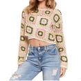 thumbnail image 1 of Womens Crochet Tops Flower Square Knitted Pullover Hollow Out Long Sleeve Floral Cropped Tunic Shirt, 1 of 6