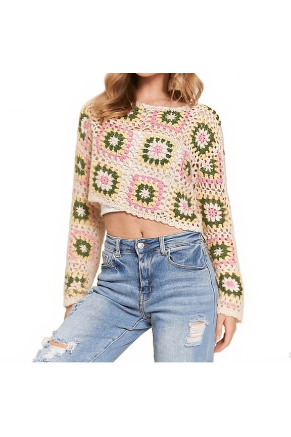 Womens Crochet Tops Flower Square Knitted Pullover Hollow Out Long Sleeve Floral Cropped Tunic Shirt