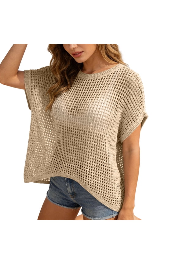 Womens Crochet Tops Summer Batwing Short Sleeve Oversized Sweater Hollow Out Knit Tops Boat Neck Mesh Knit Beach Cover Up Top