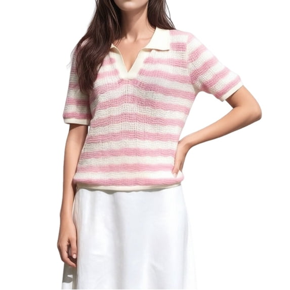 Womens Crochet Tops Summer Short Sleeve Striped Pullover Sweater Collared Knit Shirts Cover Up Top Pink S